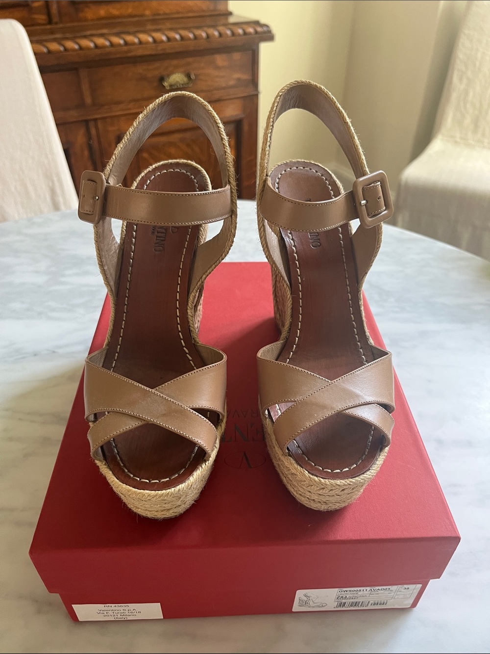 Valentino Garavani Tan Leather Espadrille Wedge Sandals